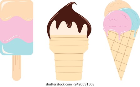 Set of tasty ice creams in flat style. Sweet summer delicacy sundaes, collection isolated ice-cream cones, ice-cream in cup and popsicle on stick. Vector illustration for web,design, print 