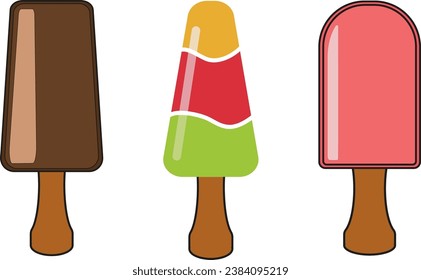 Set of tasty ice creams on a stick, eskimo pie, choc-ice. Gelato with different tastes, eskimo pie, popsicle, collection isolated popsicles with different topping. Vector illustration.