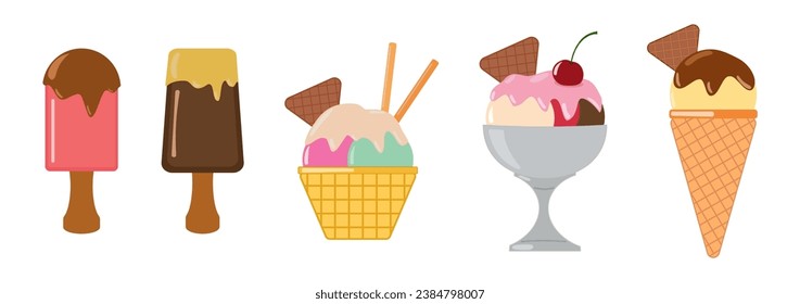 Set of tasty ice creams on a stick, eskimo pie, choc-ice. Gelato with different tastes, eskimo pie, popsicle, collection isolated popsicles with different topping. Vector illustration.