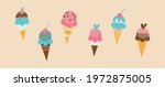 Set of tasty ice creams. Sweet summer delicacy sundaes, gelatos with different types collection isolated ice-cream cones and popsicle with different topping. Vector illustration for web, design, pr