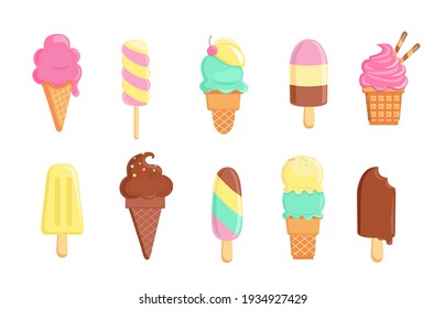 Набор вкусного мороженого. Сладкое летнее лакомство sundaes, джелато с разными вкусами, сборные изолированные рожки мороженого и эскимо с разными начинками. Векторная иллюстрация для веб, дизайна, печати.
