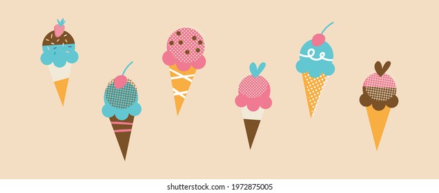 Set of tasty ice creams. Sweet summer delicacy sundaes, gelatos with different types collection isolated ice-cream cones and popsicle with different topping. Vector illustration for web, design, pr