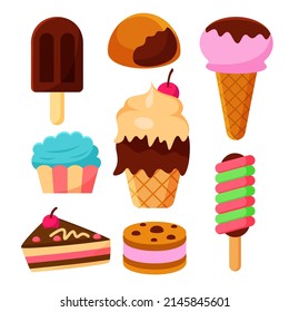 Set of tasty ice creams. Sweet summer delicacy sundaes,gelatos with different tasties,collection ice-cream cones and popsicle with different topping. Vector illustration.