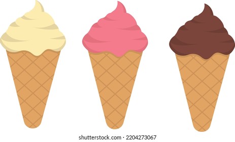 Set of tasty ice creams. Sweet summer delicacy sundaes,gelatos with different tasties,collection isolated ice-cream cones.Vector illustration