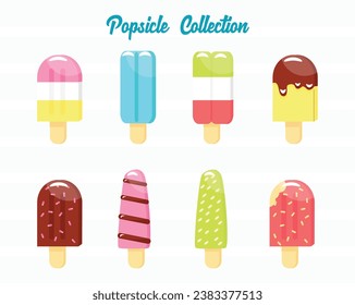 Set of tasty ice creams. Sweet summer delicacy sundaes,gelatos with different tasties,collection isolated ice-cream cones and popsicle with different topping.Vector illustration for web,design, print.