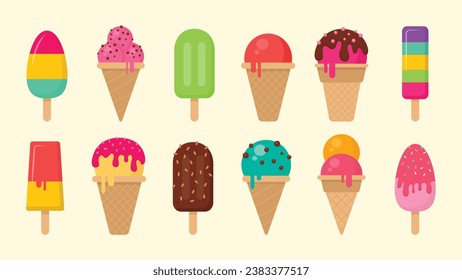 Set of tasty ice creams. Sweet summer delicacy sundaes,gelatos with different tasties,collection isolated ice-cream cones and popsicle with different topping.Vector illustration for web,design, print.