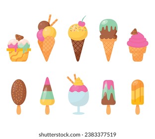 Set of tasty ice creams. Sweet summer delicacy sundaes,gelatos with different tasties,collection isolated ice-cream cones and popsicle with different topping.Vector illustration for web,design, print.