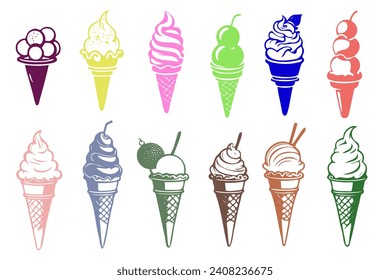 Conjunto de deliciosos helados. Dulces sundaes de verano, gelatos con diferentes sabores, colección de helados aislados y paleta con diferentes topping.Ilustración vectorial para web, diseño, impresión.