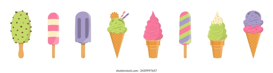 Juego de deliciosos helados. Dulces sundaes de la delicadeza del verano, gelatos con diversos sabores, conos aislados del helado de la colección y paleta con diverso topping.Ilustración del vector para la tela, diseño, impresión.