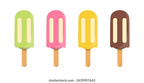 Set of tasty ice creams. Sweet summer delicacy sundaes,gelatos with different tasties,collection isolated ice-cream cones and popsicle with different topping.Vector illustration for web,design, print.