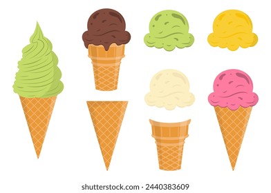 Ein Set leckerer Eiscremes. Süße sommerliche Delikatessen, Gelatos mit verschiedenen Geschmacksrichtungen, Kollektion isolierter Eiszapfen und Eis mit verschiedenen Belägen. Vektor-Illustration für Web, Design, Druck.