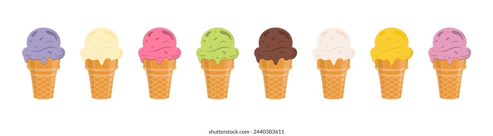 Juego de deliciosos helados. Dulces sundaes de la delicadeza del verano, gelatos con diversos sabores, conos aislados del helado de la colección y paleta con diverso topping.Ilustración del vector para la tela, diseño, impresión.