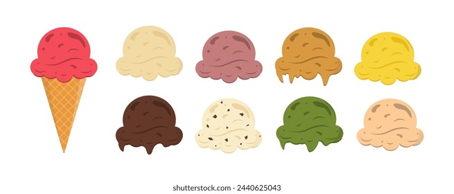 Set of tasty ice creams. Sweet summer delicacy sundaes,gelatos with different tasties,collection isolated ice-cream cones and popsicle with different topping.Vector illustration for web,design, print.