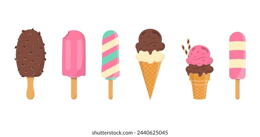 Juego de deliciosos helados. Dulces sundaes de la delicadeza del verano, gelatos con diversos sabores, conos aislados del helado de la colección y paleta con diverso topping.Ilustración del vector para la tela, diseño, impresión.