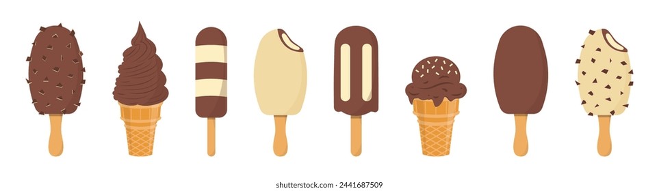 Juego de deliciosos helados. Dulces sundaes de la delicadeza del verano, gelatos con diversos sabores, conos aislados del helado de la colección y paleta con diverso topping.Ilustración del vector para la tela, diseño, impresión.