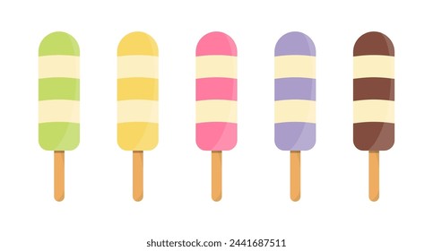 Set of tasty ice creams. Sweet summer delicacy sundaes,gelatos with different tasties,collection isolated ice-cream cones and popsicle with different topping.Vector illustration for web,design, print.