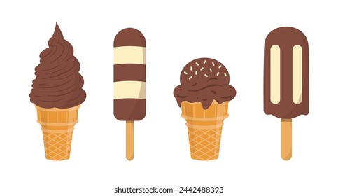 Set of tasty ice creams. Sweet summer delicacy sundaes,gelatos with different tasties,collection isolated ice-cream cones and popsicle with different topping.Vector illustration for web,design, print.