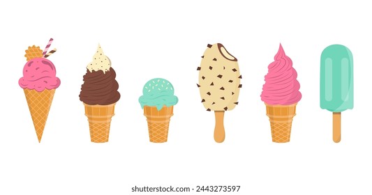 Set of tasty ice creams. Sweet summer delicacy sundaes,gelatos with different tasties,collection isolated ice-cream cones and popsicle with different topping.Vector illustration for web,design, print.