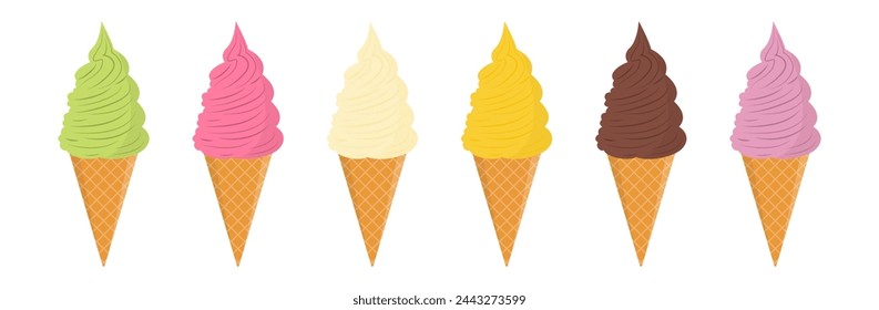 Set of tasty ice creams. Sweet summer delicacy sundaes,gelatos with different tasties,collection isolated ice-cream cones and popsicle with different topping.Vector illustration for web,design, print.