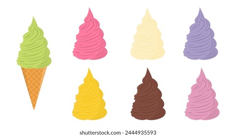 Set of tasty ice creams. Sweet summer delicacy sundaes,gelatos with different tasties,collection isolated ice-cream cones and popsicle with different topping.Vector illustration for web,design, print.