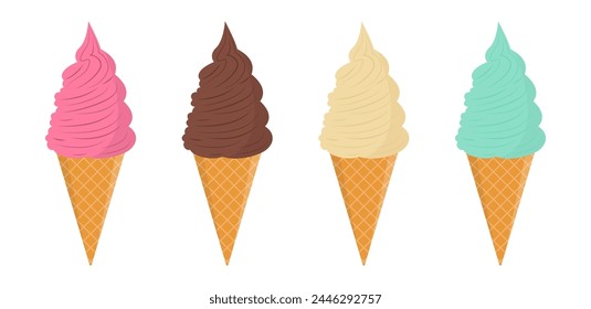 Set of tasty ice creams. Sweet summer delicacy sundaes,gelatos with different tasties,collection isolated ice-cream cones and popsicle with different topping.Vector illustration for web,design, print.