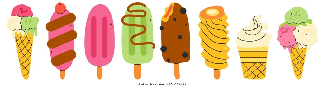 Set of tasty ice creams. Sweet summer delicacy sundaes, gelatos with different tasties. Icons, signs, banners, card, scrapbooking. Fresh summertime banner. Collection elements for summer holiday.