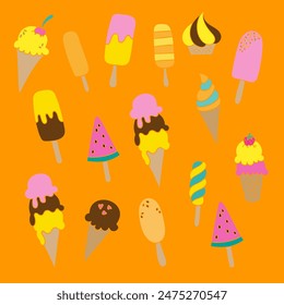 Set of tasty ice creams. Sweet summer delicacy sundaes,gelatos with different tasties,collection isolated ice-cream cones and popsicle with different topping. Vector illustration