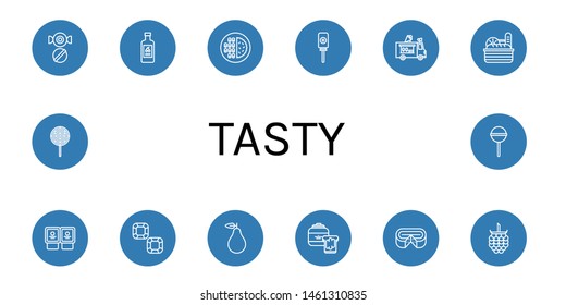 Set of tasty icons such as Candy, Yogurt, Meat, Lollipop, Ice cream truck, Bread, Chocolate, Pear, Peanut butter, Cheese, Raspberries , tasty
