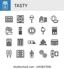 Set of tasty icons such as French fries, Cookie, Pizza, Lollipop, Mutton, Watermelon, Chocolate, Pasta, Cheburek, Caramelized apple, Pancake, Cheese balls, Wafer, Loaf , tasty