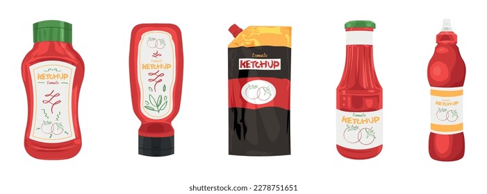 Set of tasty ketchup sauces on white background