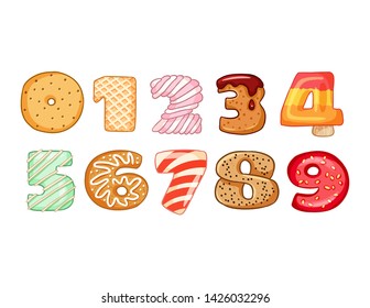 Set of tasty numbers symbols. Delicious, sweet, glazed, chocolate, yummy, tasty font numbers. Colorful vector typography elements collection