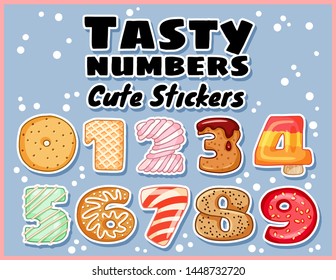 Set of tasty numbers symbols stickers. Delicious, sweet, glazed, chocolate, yummy, tasty, shaped font numbers. Colorful vector typography elements