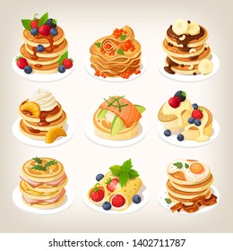 Set of tasty pancake dishes served for breakfast. Isolated vector illustrations.