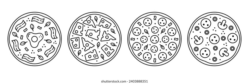 
Set tasty pizza  line icon. Pizzeria delivery service. Editorial stroke. Carbonara, cheese, salami, pepperoni, mushroom.