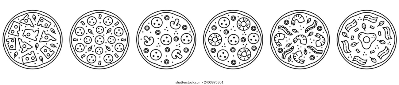 Set tasty pizza  line icon. Pizzeria delivery service. Editorial stroke. Carbonara, cheese, salami, pepperoni, mushroom, hawaii, shrimp.