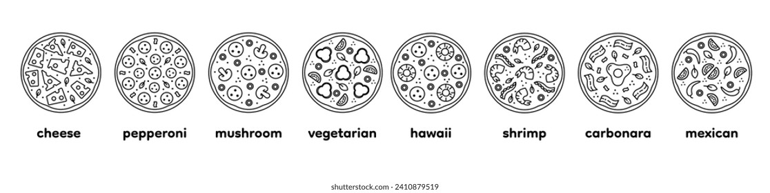 Set tasty pizza  line icon. Pizzeria delivery service. Editorial stroke. Carbonara, cheese, salami, pepperoni, mushroom, hawaii, shrimp, seafood,  mexican.