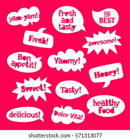 Set tasty quotes in bubble. Delicious labels. Trend calligraphy. Youth slang. Vector illustration on a scarlet background.