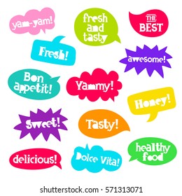 Set tasty quotes in colorful bubble. Delicious labels. Trend calligraphy. Youth slang. Vector illustration on white background.