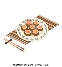 Set of tasty rice biscuits on porcelain plate with chopsticks. Chinese dessert closeup. Vector flat drawn illustration for restaurant dishes, menu, poster, flyer, banner, delivery, cooking concept 