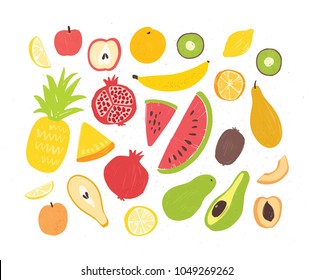 Set of tasty ripe juicy exotic tropical fruits, whole and cut into slices - pineapple, pomegranate, watermelon, banana, apricot, orange, coconut, pear, peach. Vector illustration in doodle style.