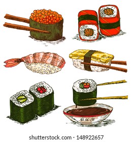 Set of tasty rolls and sushi, vector illustration.