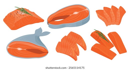 Set of tasty salmon in cartoon style. Vector illustration of delicious: steaks, slices, half of salmon, with rosemary branches, spices, salt, peppercorns isolated on white background.Healthy red fish.