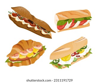 Un conjunto de sabrosos sándwiches. Carnes y verduras. Comida rápida, menú de cafés y restauración. Tradicional comida callejera norteamericana. Colección vectorial plana de dibujos animados aislada en fondo blanco