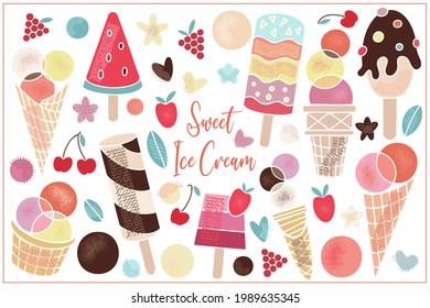 Set of tasty sweet food. Summer party. Flat Vector illustration of healthy food Ice cream in a waffle cup, popsicles, fruit ice, truck with berries, chocolate. Isolated design on white background.