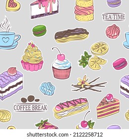 Set of tasty sweets and desserts. Muffins, biscuits, macaroons, eclairs, vanilla pods, cup of tea, lemon slices and mint. Vector seamless pattern with confectionery icons isolated on gray background