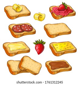 set tasty toasts and various topping isolated white  collection wheat sandwiches vector illustration  toasted bread and butter  strawberry jam  cheese  chocolate spread ect  colored sketch 