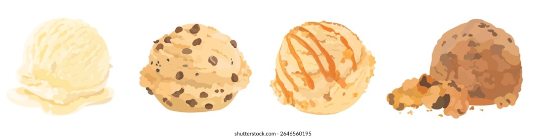 Conjunto de baunilha saborosa, caramelo e chocolate sorvete bolas com chip de chocolate e creme de smoothie, coberto com xarope de caramelo e migalhas de biscoito. Ilustração de sobremesa de verão isolada em branco.