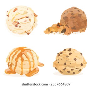 Conjunto de sabrosa vainilla y chocolate cucharada de helado cubierto con un jarabe de caramelo, chips de chocolate y cremoso suave. Ilustración de postre de verano frío dulce de dibujos animados.