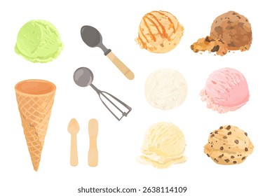 Set of tasty vector ice cream scoop with different topping, waffle, stick and ice cream spoon. Cute ice cream shop illustration set. Summer sweets desserts isolated on white.