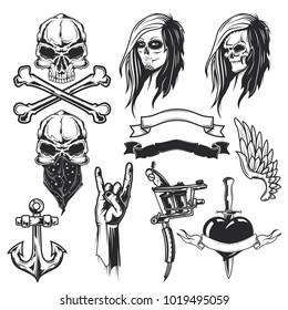 Set of tatto elements for creating your own badges, logos, labels, posters etc. Isolated on white.